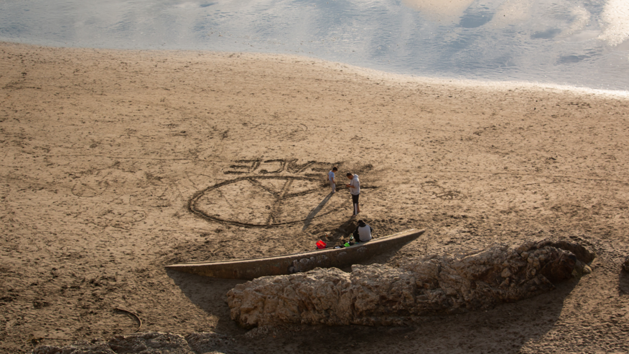 Find peace on the beach at Fort Funston Beach goers create some art in the sand at Fort Funston.
