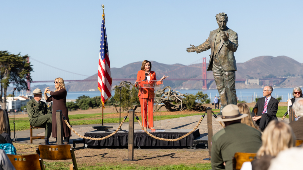 Nancy Pelosi speaks at Fort Mason in commemoration of the 50th anniversary of the GGNRA.