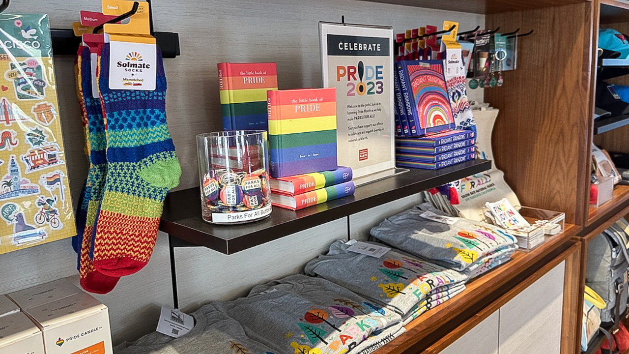 Display of Pride-themed products at the Presidio Visitor Center