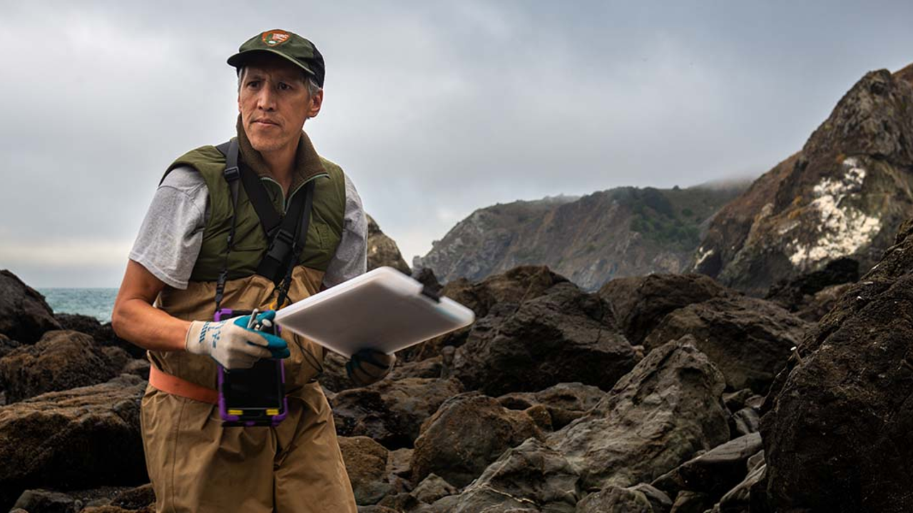 National Park Service Aquatic Ecologist Darren Fong surveys tide pools in Marin County.