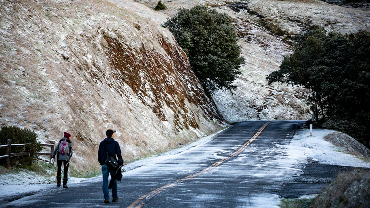 Roads become trails when they are closed due to snow. Snowy hillside near Rock Springs Trailhead on Mount Tamalpais.