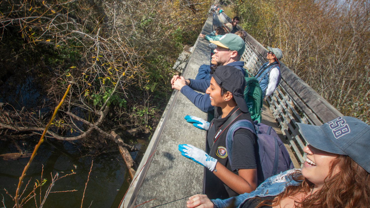 MUBE_20181218_RCW_30_2x1.jpg Group of smiling people look over edge of boardwalk at Muir Beach.