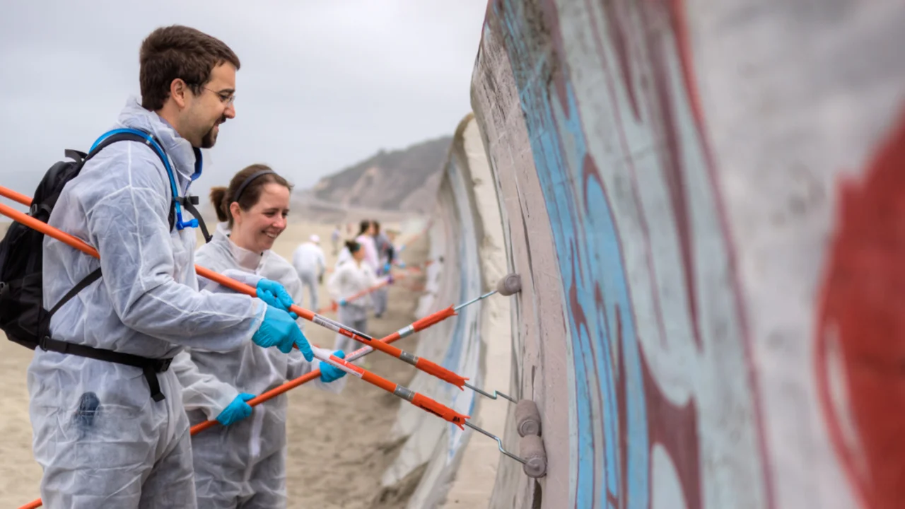 Park stewardship volunteers help to remove graffiti from the Ocean Beach seawall.
