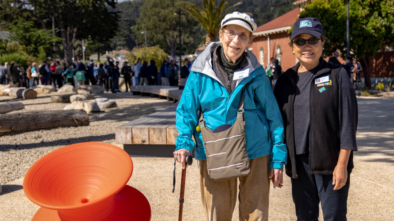 "Mother of the GGNRA" walks the new Presidio Tunnel Tops. Golden Gate National Recreation Area hero Amy Meyer walks with Conservancy director Audrey Yee at the new Presidio Tunnel Tops.