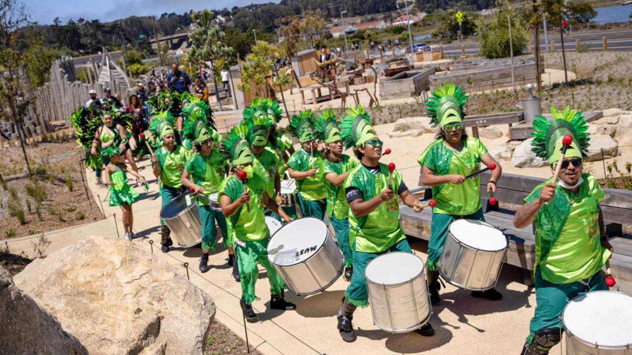 The Fogo Na Roupa band leads dancers through the Outpost at the Presidio Tunnel Tops.