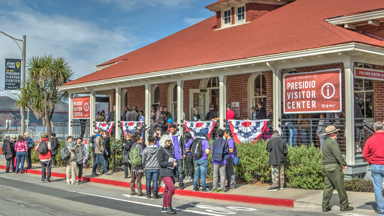 PRSF_170225_KW--2570HDR_2x1.jpg In February 2017, park visitors and members of the community gathered for the opening of the new William Penn Mott, Jr. Presidio Visitor Center. The new center is located on the Main Post, in view of the Golden Gate Bridge