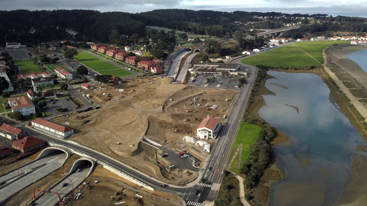 The Presidio Tunnel Tops Under Construction Aerial view of the construction site for the Presidio Tunnel Tops.