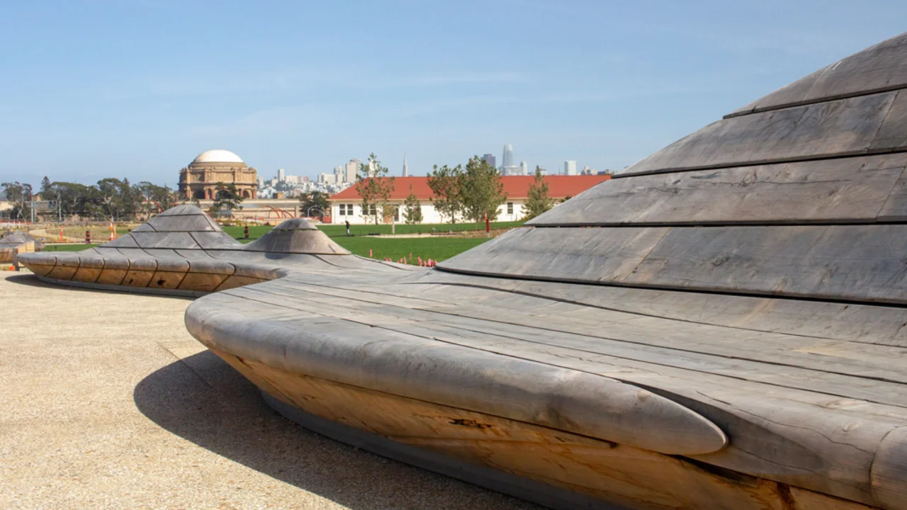 A view of The Palace of Fine Arts and San Francisco skyline from the park bench at the Presidio Tunnel Tops.