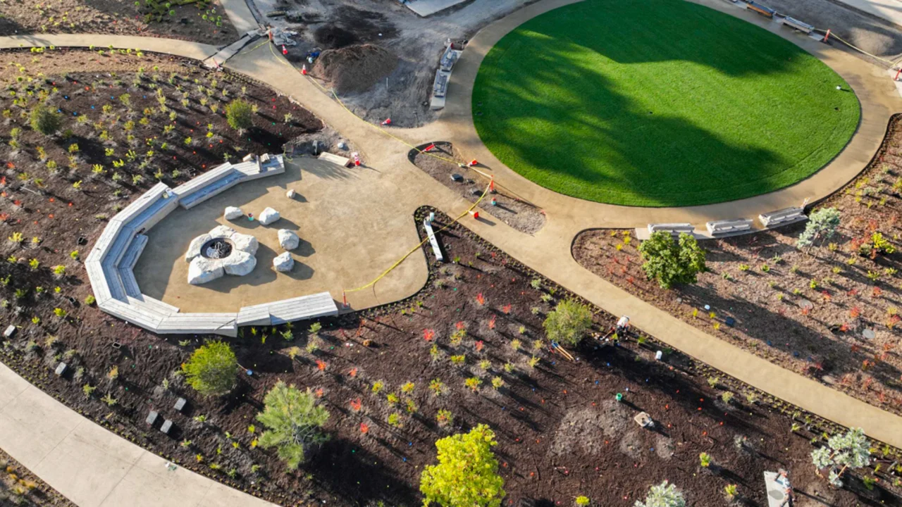 A top-down aerial view of the Presidio Tunnel Tops campfire circle.