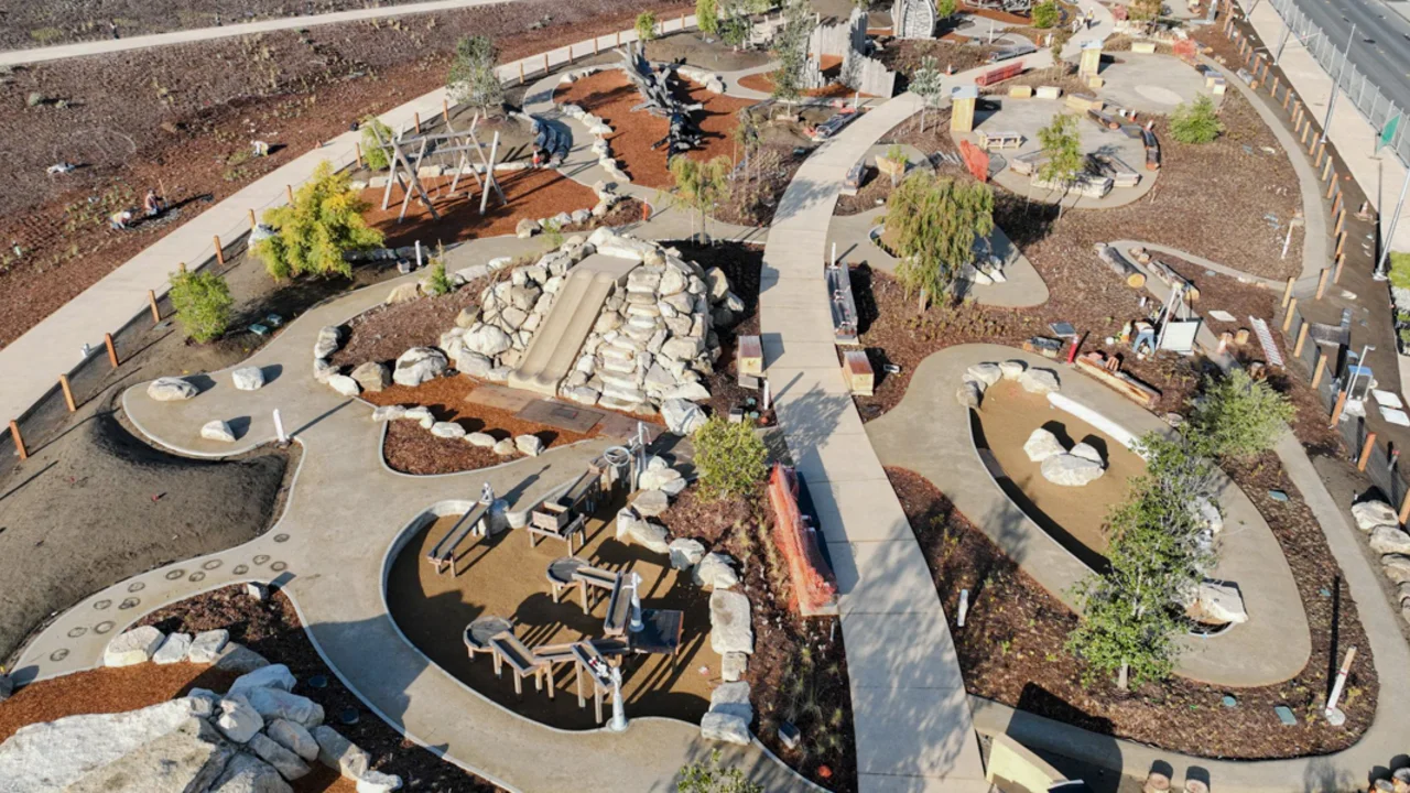 Birds-eye aerial view of The Outpost, a playground at Presidio Tunnel Tops.