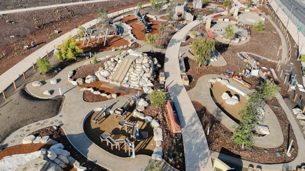 Birds-eye view of The Outpost. Birds-eye aerial view of The Outpost, a playground at Presidio Tunnel Tops.