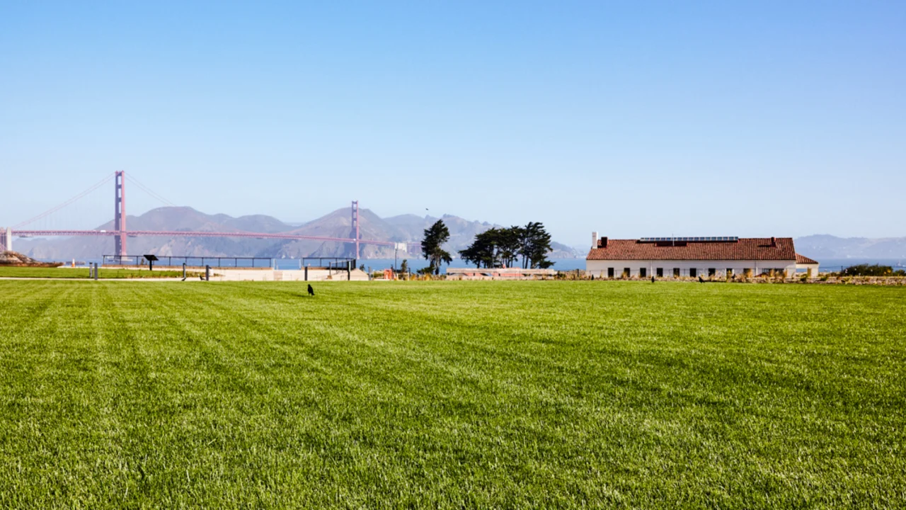 The Golden Gate Meadow, a lush green lawn that is the centerpiece for the Presidio Tunnel Tops.