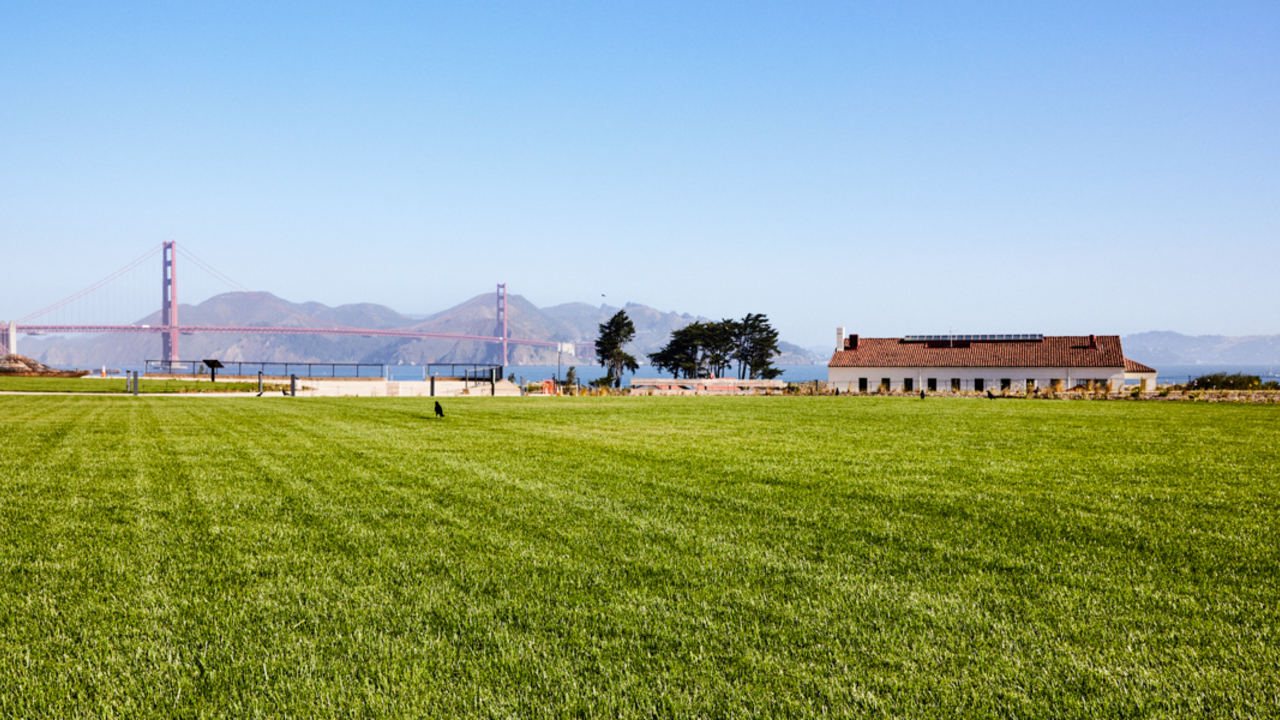 The Golden Gate Meadow The Golden Gate Meadow, a lush green lawn that is the centerpiece for the Presidio Tunnel Tops.