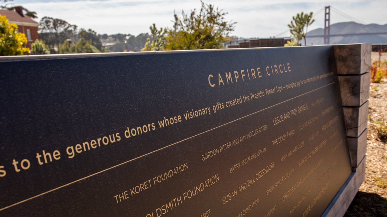 Commemorative plaque for the donors who made the Tunnel Tops possible. A commemorative plaque at the Tunnel Tops Campfire Circle honors the donors who made the park possible.