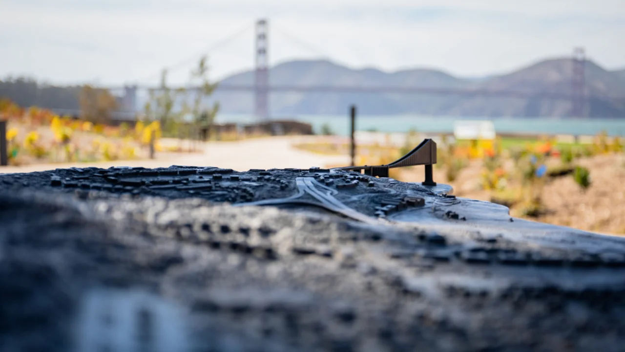 The tactile map at the Presidio Tunnel Tops shows the layout of the park and its surround area all the way out to the Golden Gate Bridge.
