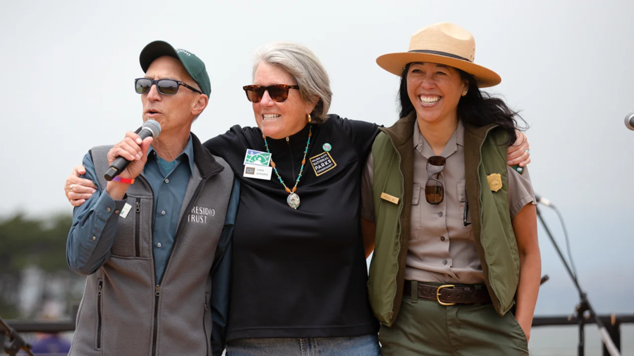 Leaders of the tri-agency partnership between the Golden Gate National Parks Conservancy, Presidio Trust, and Golden Gate National Recreation Area speaking at Tunnel Tops opening day.