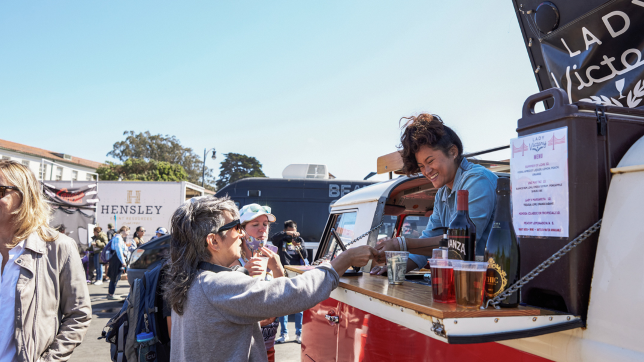 Specialty drinks vendor at Presidio Tunnel Tops Opening Day. A vendor sells drinks at Presidio Tunnel Tops Opening Day.