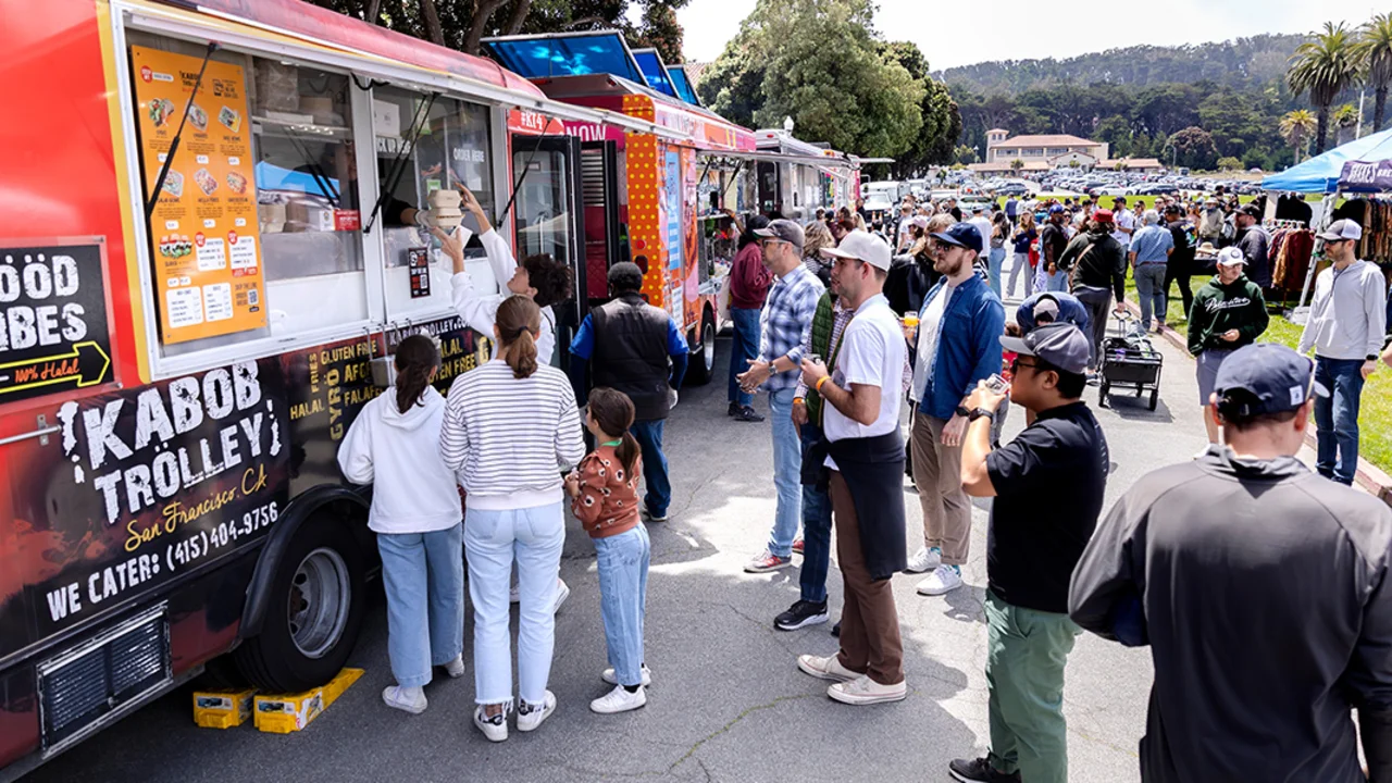 A line forms at a food truck at Parks4All: Brewfest, a beer festival and fundraiser, on Saturday, July 29th, 2023 in the Presidio of San Francisco.
