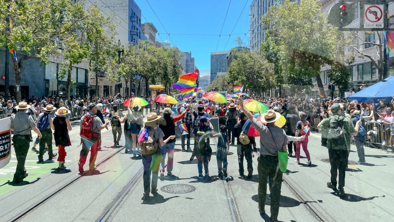 A view of the 2022 SF Pride parade from inside of the Roving Ranger.