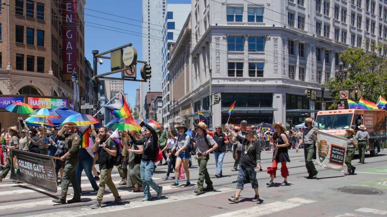 The Golden Gate National Parks cohort marches down Market st. at the 2022 SF Pride parade.