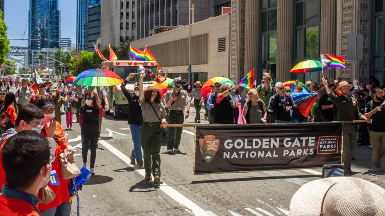 Golden Gate National Parks partners enter the parade at Beale and Market