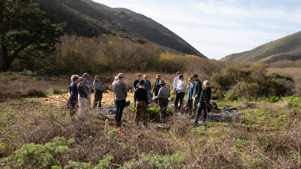 A volunteer group gathered in a circle at Tennessee Valley, mountains and blue skies in the background.