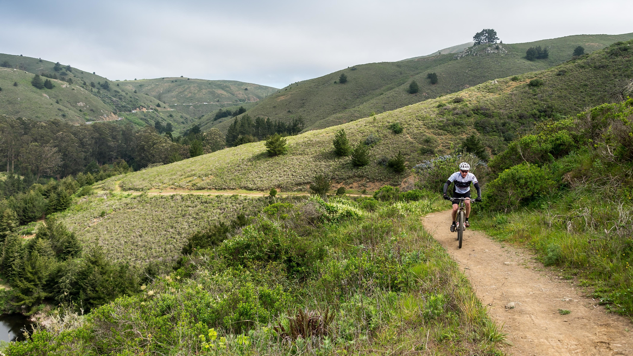 Cyclist pedals above Muir Beach