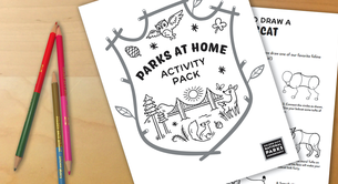 Colored pencils next to a piece of paper titled "Parks at Home: Activity Pack"