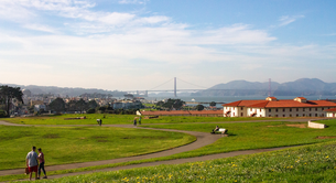 Visitors enjoying the Fort Mason lawn