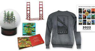 Several products including colorful 2022 calendar, Golden Gate Bridge bookends, trees board book. 