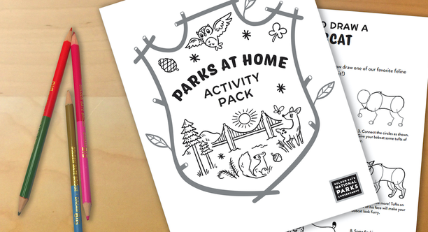 Colored pencils next to a piece of paper titled "Parks at Home: Activity Pack"