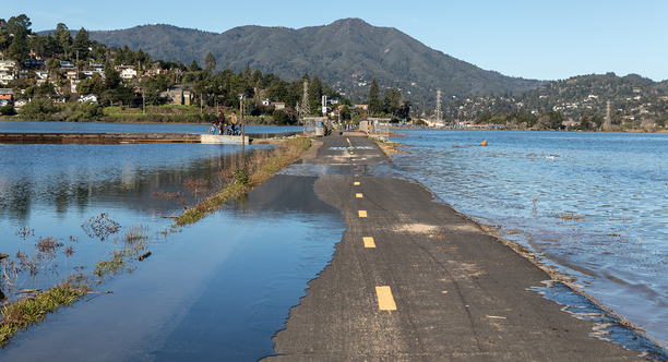 A pathway underwater in Marin County. Mt. Tam is visible in the distance.