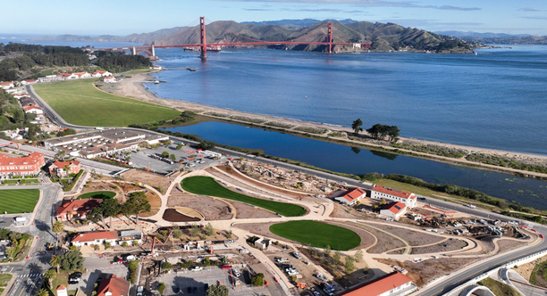 An aerial view of Presidio Tunnel Tops, connecting the Presidio to Crissy Field and the Golden Gate.