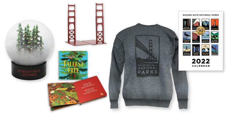 Several products including colorful 2022 calendar, Golden Gate Bridge bookends, trees board book. 