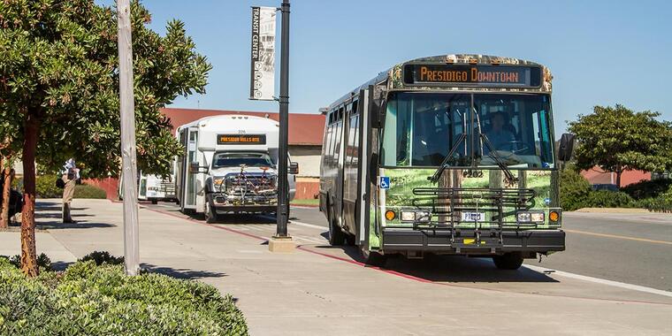 PresidiGo buses at the Transit Center in the Presidio of San Francisco.