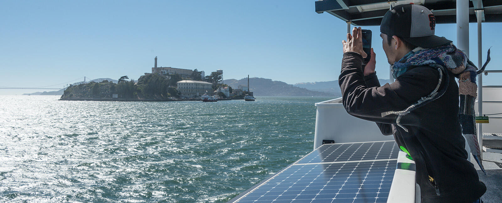 Alcatraz Island seen from an Alcatraz Cruises boat.