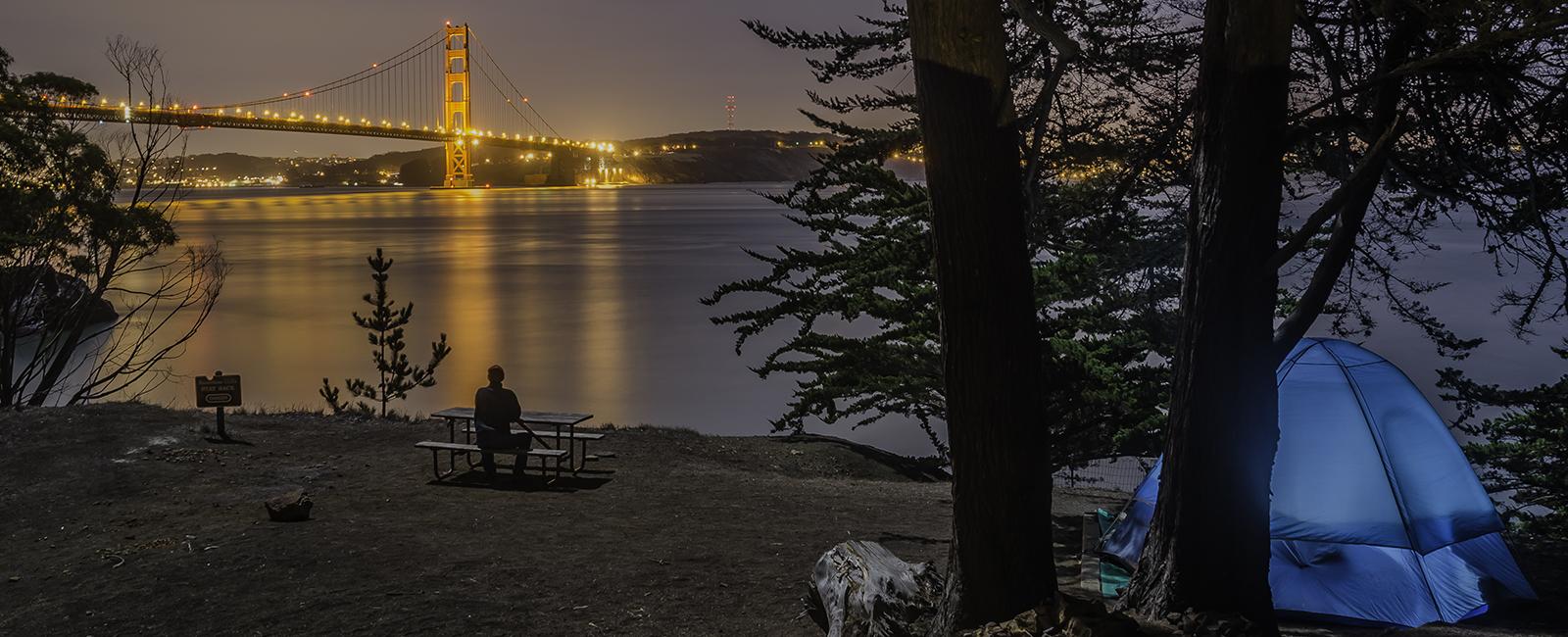 Campsite with a view of the Golden Gate Bridge