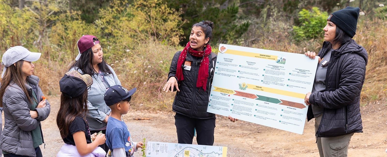 Golden Gate National Parks Conservancy staff hold infographic signs engaging with community members in nature at Rancho Corral de Tierra