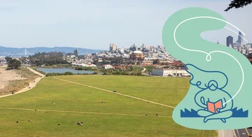 Crissy Field with icon of person reading for a Poetry in the Parks event.