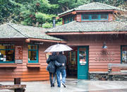 People head toward the Visitor Center under an umbrella on a rainy day