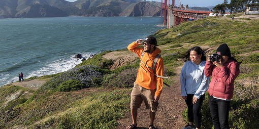 Hiking at the Golden Gate Overlook near the Golden Gate Bridge.
