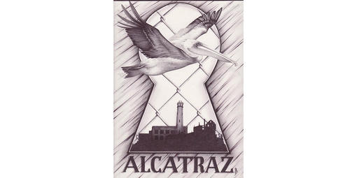 Illustration of Alcatraz as seen through a keyhole, behind a chain link fence as a pelican flies by