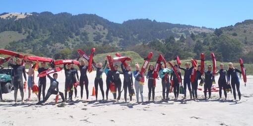 Jr. Lifeguards show off their swim rescue buoys at Stinson Beach