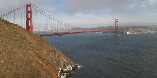 View of the Golden Gate Bridge from Kirby Cove Road in the Marin Headlands.