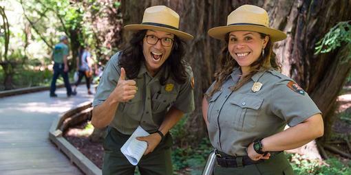 Park Rangers Takeo Kishi, left, and Jasmine Reinhardt at Muir Woods.