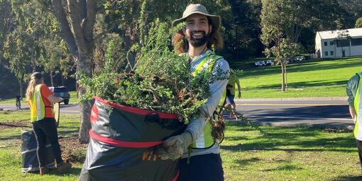 Volunteers removing invasive plants at the historic Fort Baker.