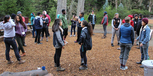 A large group of people stand outside in pairs and speak to their partners during a leadership training 