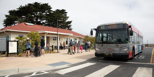 MUNI 43 arrives at the Presidio Transit Center