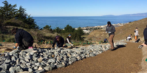 A small group of people focus on individual tasks while working outside on a trail overlook a body of water