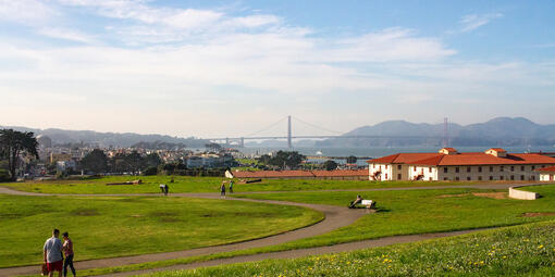 Visitors enjoying the Fort Mason lawn